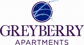 Blue, and purple Greyberry apartments logo.